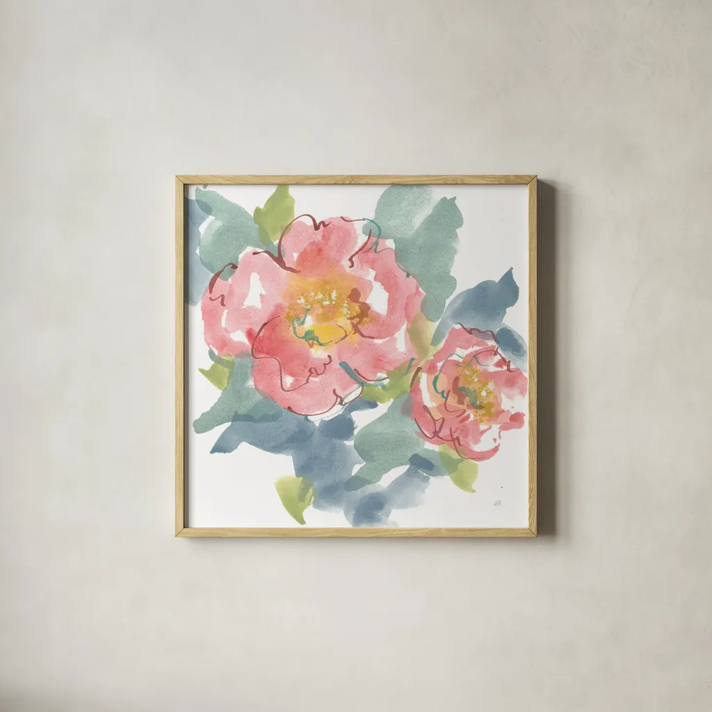 Peony in the Pink I on White by Chris Paschke. Shown in a natural wood glass frame for a timeless modern aesthetic. Available as an archival giclee rolled canvas, fine art paper, or poster print. SKU 49546a.