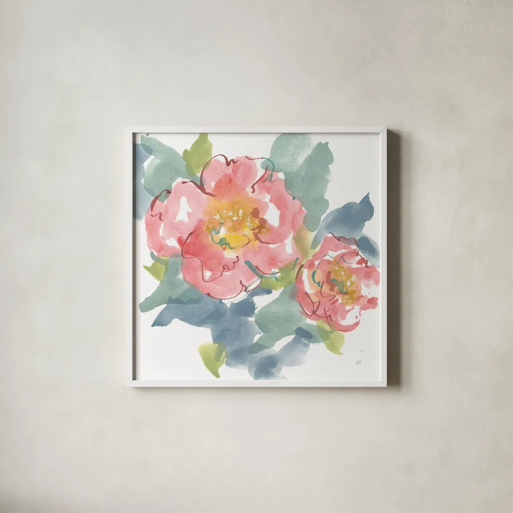 Peony in the Pink I on White by Chris Paschke. Shown in a crisp white glass frame for a clean and minimalist style. Available as an archival giclee rolled canvas, fine art paper, or poster print. SKU 49546a.
