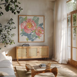 Peony in the Pink I on White by Chris Paschke. Shown in a natural wood frame in a cozy modern living room. Available as an archival giclee rolled canvas, fine art paper, or poster print. SKU 49546a.