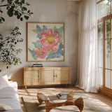 Peony in the Pink II by Chris Paschke. Shown in a natural wood frame in a cozy modern living room. Available as an archival giclee rolled canvas, fine art paper, or poster print. SKU 48039a.