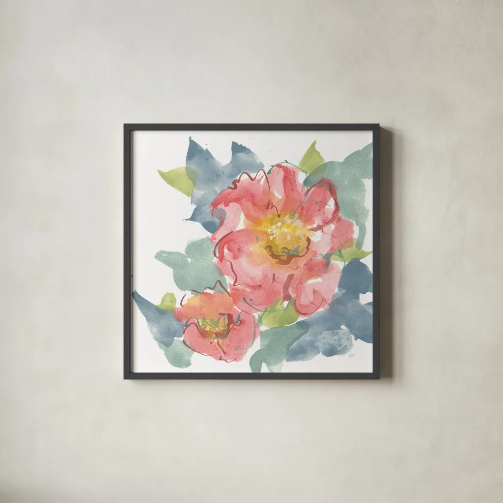 Peony in the Pink II on White by Chris Paschke. Shown in a sleek black glass frame for a contemporary gallery look. Available as an archival giclee rolled canvas, fine art paper, or poster print. SKU 49547a.