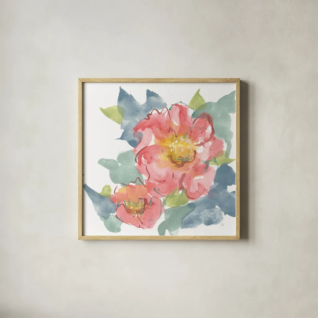 Peony in the Pink II on White by Chris Paschke. Shown in a natural wood glass frame for a timeless modern aesthetic. Available as an archival giclee rolled canvas, fine art paper, or poster print. SKU 49547a.