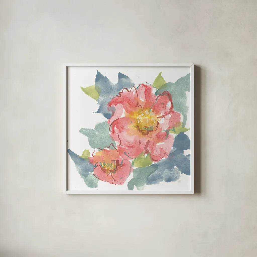 Peony in the Pink II on White by Chris Paschke. Shown in a crisp white glass frame for a clean and minimalist style. Available as an archival giclee rolled canvas, fine art paper, or poster print. SKU 49547a.