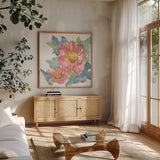 Peony in the Pink II on White by Chris Paschke. Shown in a natural wood frame in a cozy modern living room. Available as an archival giclee rolled canvas, fine art paper, or poster print. SKU 49547a.