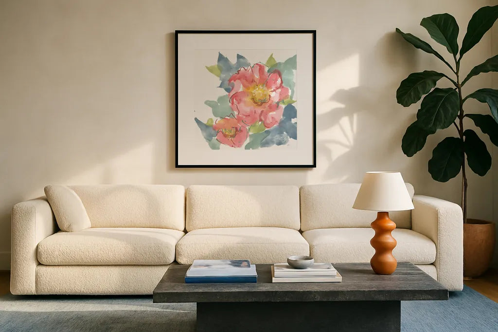 Peony in the Pink II on White by Chris Paschke. Displayed in a glass frame with matte in a clean modern living room. Available as an archival giclee rolled canvas, fine art paper, or poster print. SKU 49547a.