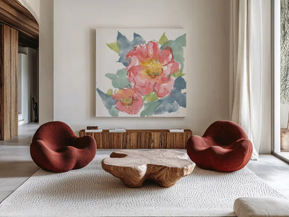 Peony in the Pink II on White by Chris Paschke. Shown as extra-large giant wall art in a modern living room. Available as an archival giclee rolled canvas, fine art paper, or poster print. SKU 49547a.