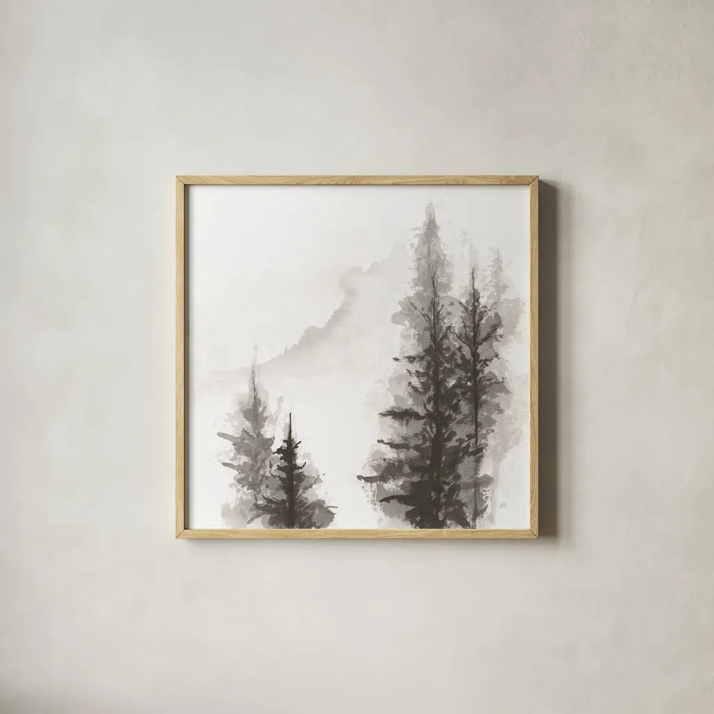 Pinescape I by Chris Paschke. Shown in a natural wood glass frame for a timeless modern aesthetic. Available as an archival giclee rolled canvas, fine art paper, or poster print. SKU 84635a.