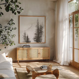 Pinescape I by Chris Paschke. Shown in a natural wood frame in a cozy modern living room. Available as an archival giclee rolled canvas, fine art paper, or poster print. SKU 84635a.