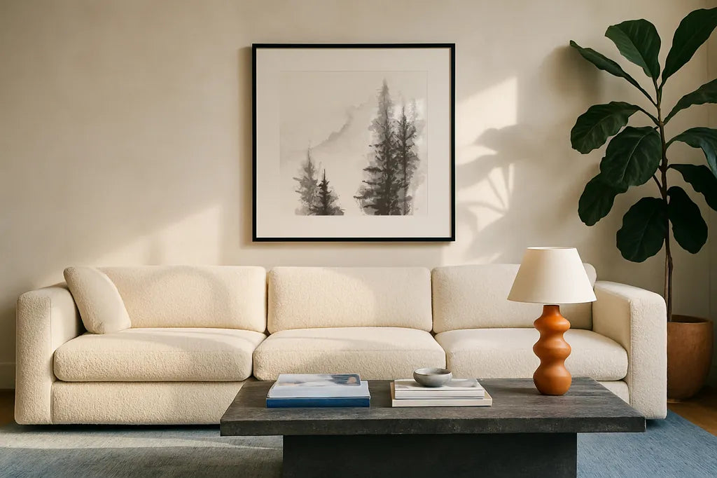 Pinescape I by Chris Paschke. Displayed in a glass frame with matte in a clean modern living room. Available as an archival giclee rolled canvas, fine art paper, or poster print. SKU 84635a.