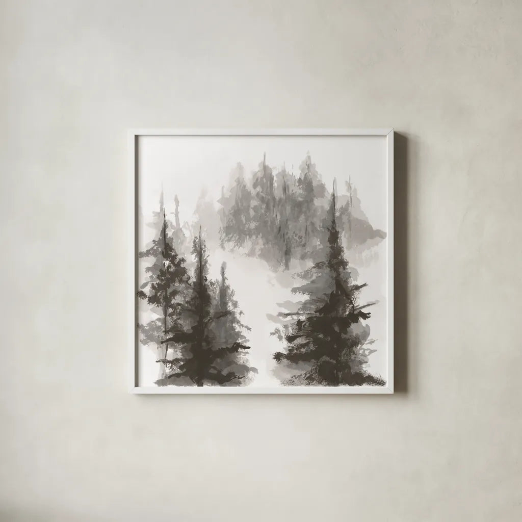Pinescape II by Chris Paschke. Shown in a crisp white glass frame for a clean and minimalist style. Available as an archival giclee rolled canvas, fine art paper, or poster print. SKU 84636a.