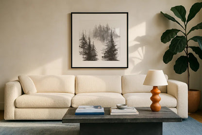 Pinescape II by Chris Paschke. Displayed in a glass frame with matte in a clean modern living room. Available as an archival giclee rolled canvas, fine art paper, or poster print. SKU 84636a.