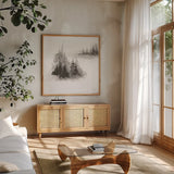 Pinescape III by Chris Paschke. Shown in a natural wood frame in a cozy modern living room. Available as an archival giclee rolled canvas, fine art paper, or poster print. SKU 84637a.