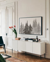 Pinescape VI by Chris Paschke. shown as a framed stretched canvas in a living room above a console. Available as a archival giclee rolled canvas, fine art paper, or poster print. SKU 84640i.