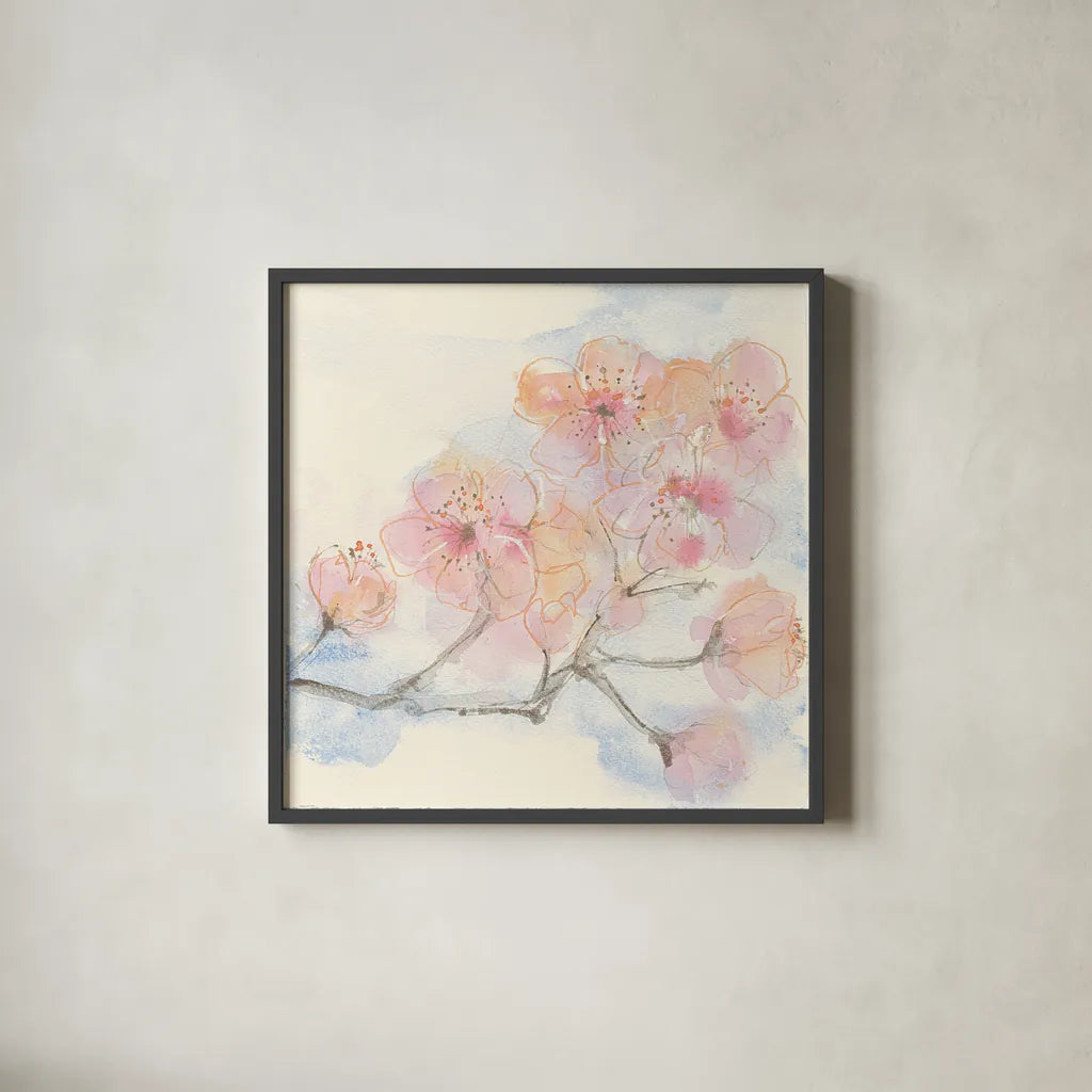 Pink Blossoms III by Chris Paschke. Shown in a sleek black glass frame for a contemporary gallery look. Available as an archival giclee rolled canvas, fine art paper, or poster print. SKU 21594a.
