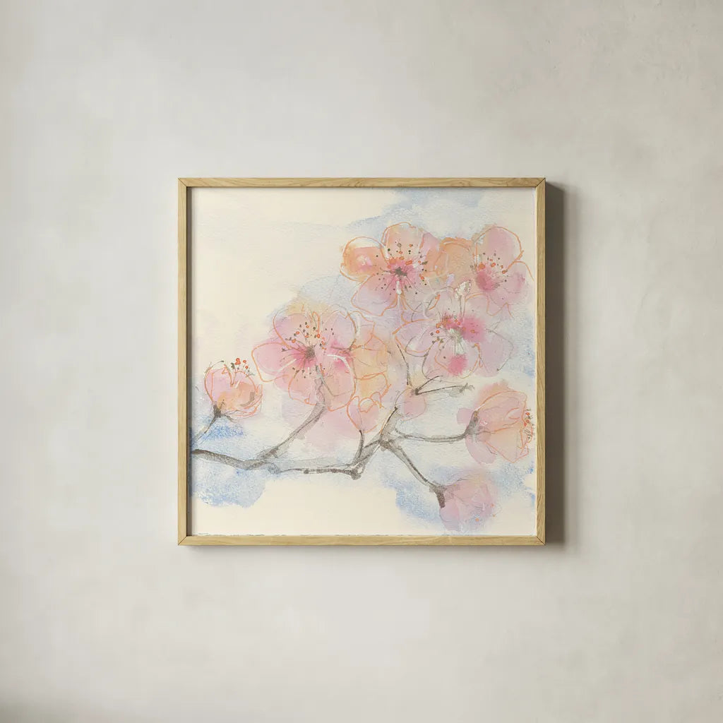 Pink Blossoms III by Chris Paschke. Shown in a natural wood glass frame for a timeless modern aesthetic. Available as an archival giclee rolled canvas, fine art paper, or poster print. SKU 21594a.