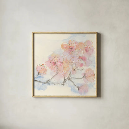 Pink Blossoms III by Chris Paschke. Shown in a natural wood glass frame for a timeless modern aesthetic. Available as an archival giclee rolled canvas, fine art paper, or poster print. SKU 21594a.