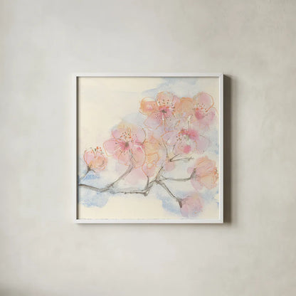 Pink Blossoms III by Chris Paschke. Shown in a crisp white glass frame for a clean and minimalist style. Available as an archival giclee rolled canvas, fine art paper, or poster print. SKU 21594a.