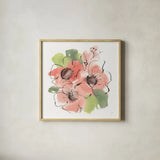 Pink Coral Poppies I by Chris Paschke. Shown in a natural wood glass frame for a timeless modern aesthetic. Available as an archival giclee rolled canvas, fine art paper, or poster print. SKU 91450a.