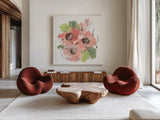 Pink Coral Poppies I by Chris Paschke. Shown as extra-large giant wall art in a modern living room. Available as an archival giclee rolled canvas, fine art paper, or poster print. SKU 91450a.