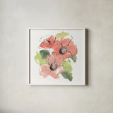 Pink Coral Poppies III by Chris Paschke. Shown in a crisp white glass frame for a clean and minimalist style. Available as an archival giclee rolled canvas, fine art paper, or poster print. SKU 91452a.
