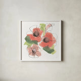 Pink Coral Poppies IV by Chris Paschke. Shown in a crisp white glass frame for a clean and minimalist style. Available as an archival giclee rolled canvas, fine art paper, or poster print. SKU 91453a.