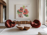Pink Coral Poppies IV by Chris Paschke. Shown as extra-large giant wall art in a modern living room. Available as an archival giclee rolled canvas, fine art paper, or poster print. SKU 91453a.