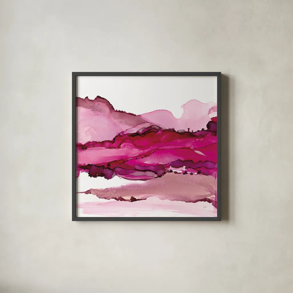 Pinkscape I by Chris Paschke. Shown in a sleek black glass frame for a contemporary gallery look. Available as an archival giclee rolled canvas, fine art paper, or poster print. SKU 66756a.