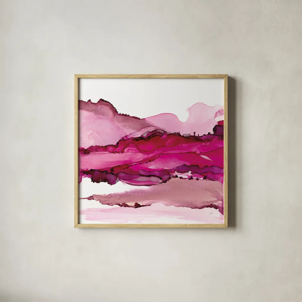 Pinkscape I by Chris Paschke. Shown in a natural wood glass frame for a timeless modern aesthetic. Available as an archival giclee rolled canvas, fine art paper, or poster print. SKU 66756a.