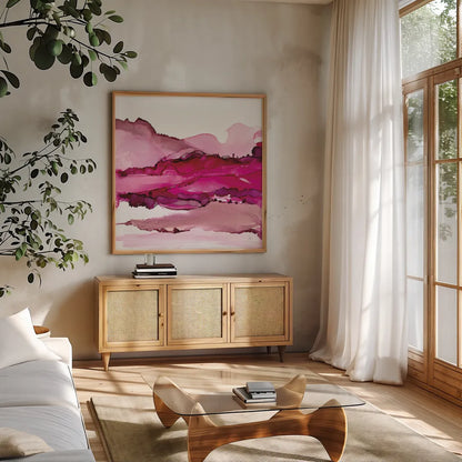 Pinkscape I by Chris Paschke. Shown in a natural wood frame in a cozy modern living room. Available as an archival giclee rolled canvas, fine art paper, or poster print. SKU 66756a.
