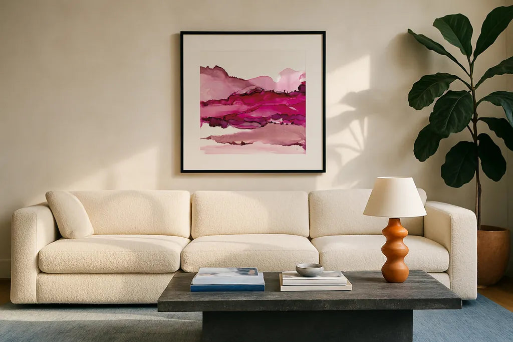 Pinkscape I by Chris Paschke. Displayed in a glass frame with matte in a clean modern living room. Available as an archival giclee rolled canvas, fine art paper, or poster print. SKU 66756a.