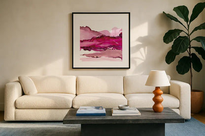 Pinkscape I by Chris Paschke. Displayed in a glass frame with matte in a clean modern living room. Available as an archival giclee rolled canvas, fine art paper, or poster print. SKU 66756a.