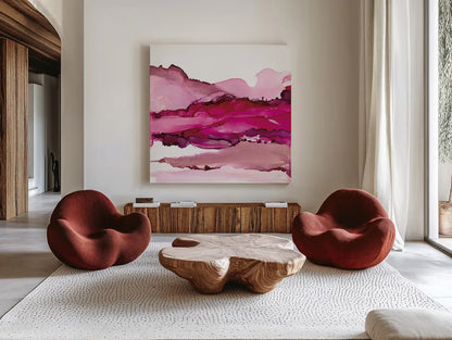 Pinkscape I by Chris Paschke. Shown as extra-large giant wall art in a modern living room. Available as an archival giclee rolled canvas, fine art paper, or poster print. SKU 66756a.
