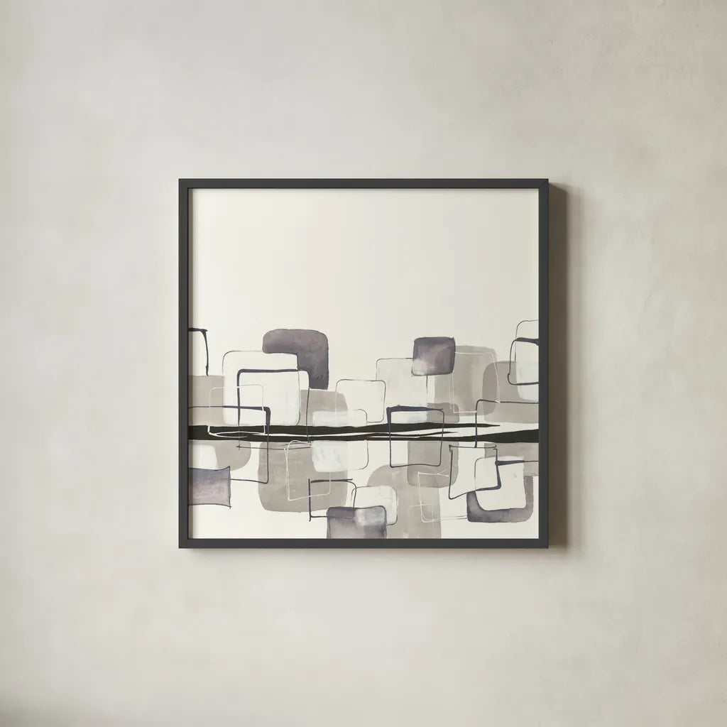 Placid Boxes I by Chris Paschke. Shown in a sleek black glass frame for a contemporary gallery look. Available as an archival giclee rolled canvas, fine art paper, or poster print. SKU 32523a.