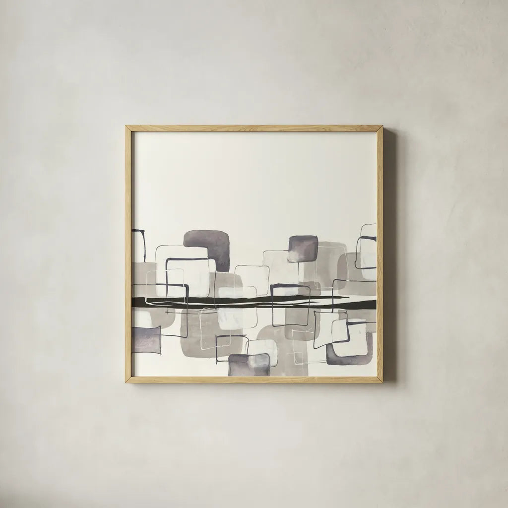 Placid Boxes I by Chris Paschke. Shown in a natural wood glass frame for a timeless modern aesthetic. Available as an archival giclee rolled canvas, fine art paper, or poster print. SKU 32523a.