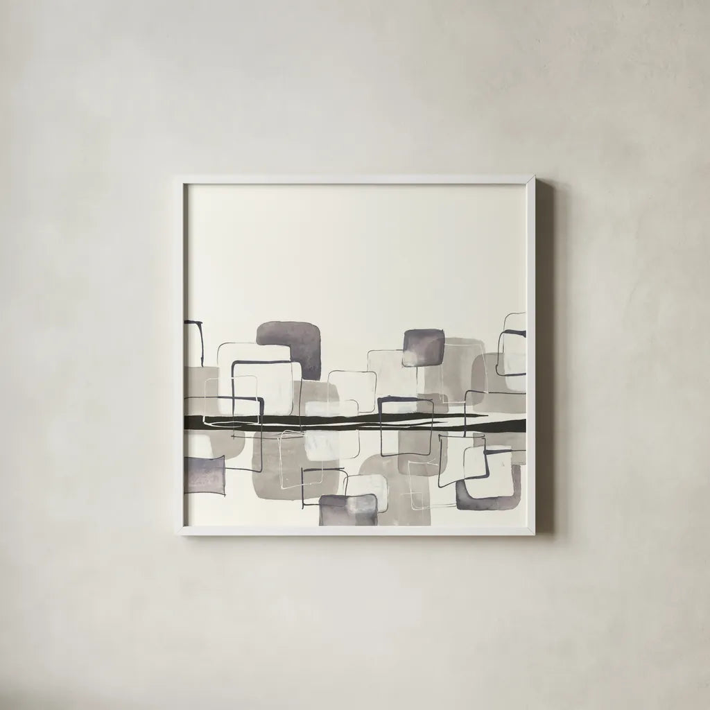 Placid Boxes I by Chris Paschke. Shown in a crisp white glass frame for a clean and minimalist style. Available as an archival giclee rolled canvas, fine art paper, or poster print. SKU 32523a.