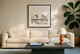 Placid Boxes I by Chris Paschke. Displayed in a glass frame with matte in a clean modern living room. Available as an archival giclee rolled canvas, fine art paper, or poster print. SKU 32523a.