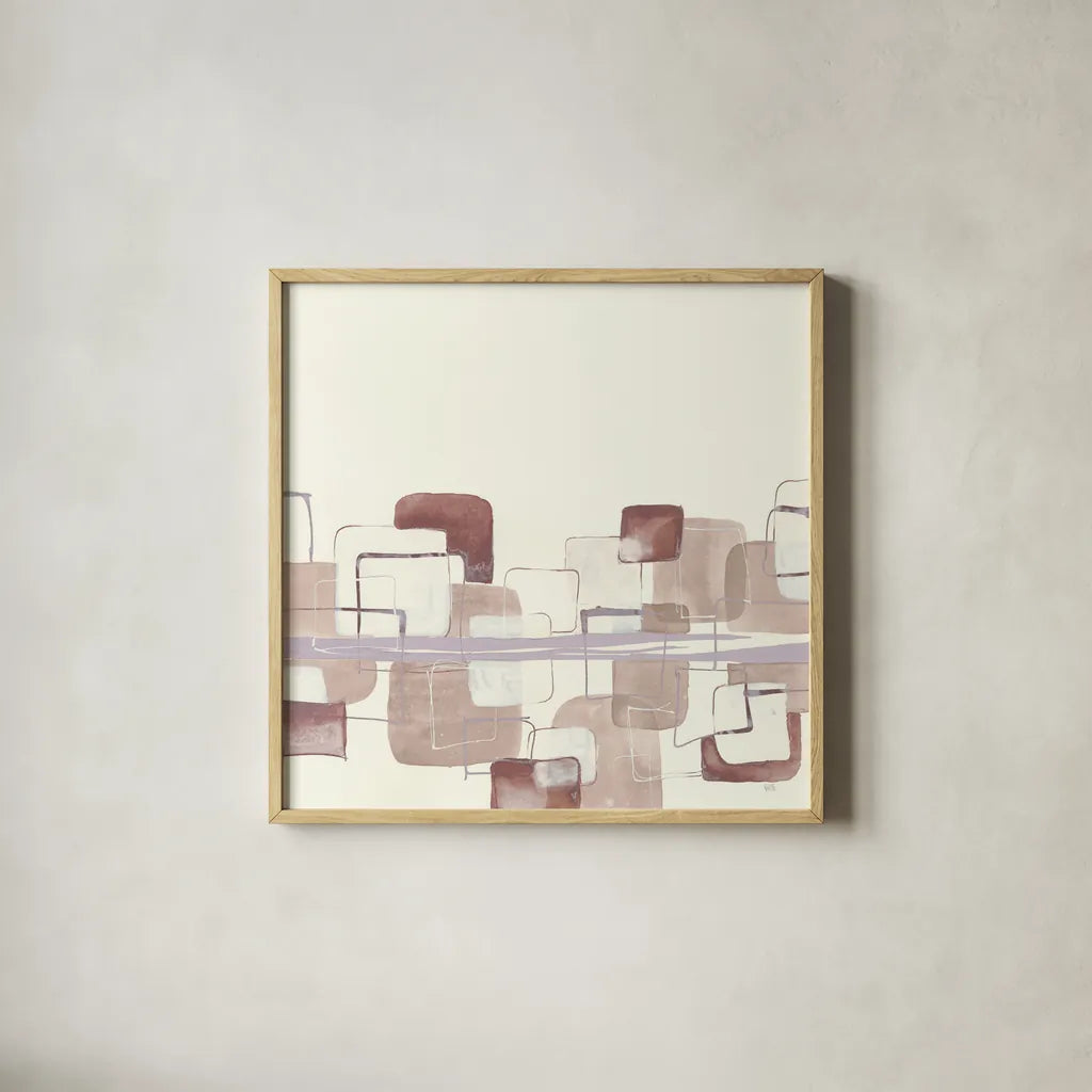 Placid Boxes I Blush by Chris Paschke. Shown in a natural wood glass frame for a timeless modern aesthetic. Available as an archival giclee rolled canvas, fine art paper, or poster print. SKU 42727a.