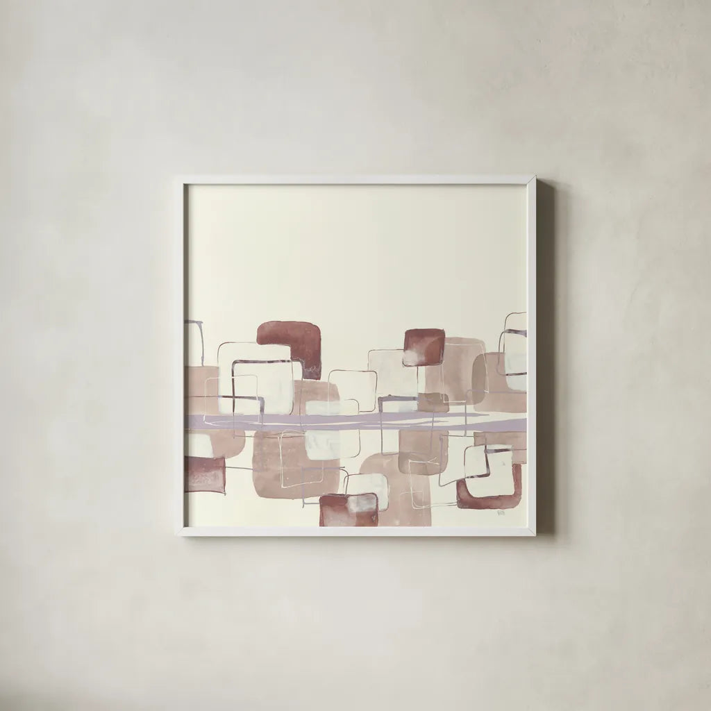 Placid Boxes I Blush by Chris Paschke. Shown in a crisp white glass frame for a clean and minimalist style. Available as an archival giclee rolled canvas, fine art paper, or poster print. SKU 42727a.