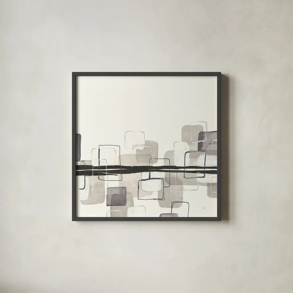 Placid Boxes II by Chris Paschke. Shown in a sleek black glass frame for a contemporary gallery look. Available as an archival giclee rolled canvas, fine art paper, or poster print. SKU 32524a.