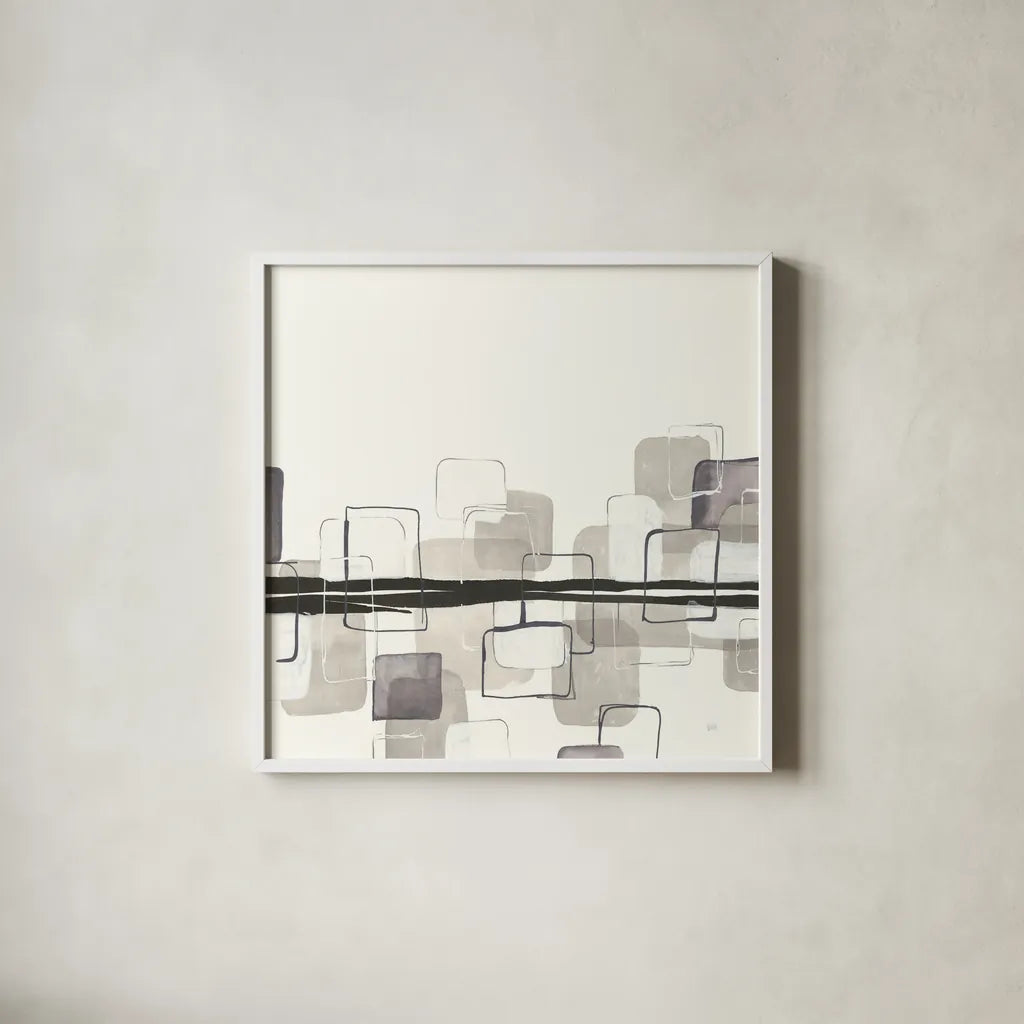 Placid Boxes II by Chris Paschke. Shown in a crisp white glass frame for a clean and minimalist style. Available as an archival giclee rolled canvas, fine art paper, or poster print. SKU 32524a.