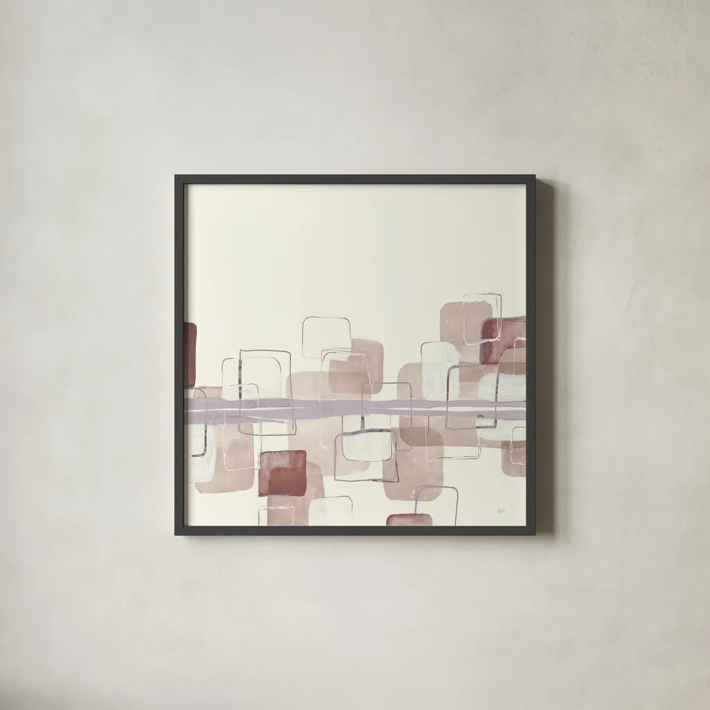 Placid Boxes II Blush by Chris Paschke. Shown in a sleek black glass frame for a contemporary gallery look. Available as an archival giclee rolled canvas, fine art paper, or poster print. SKU 42728a.
