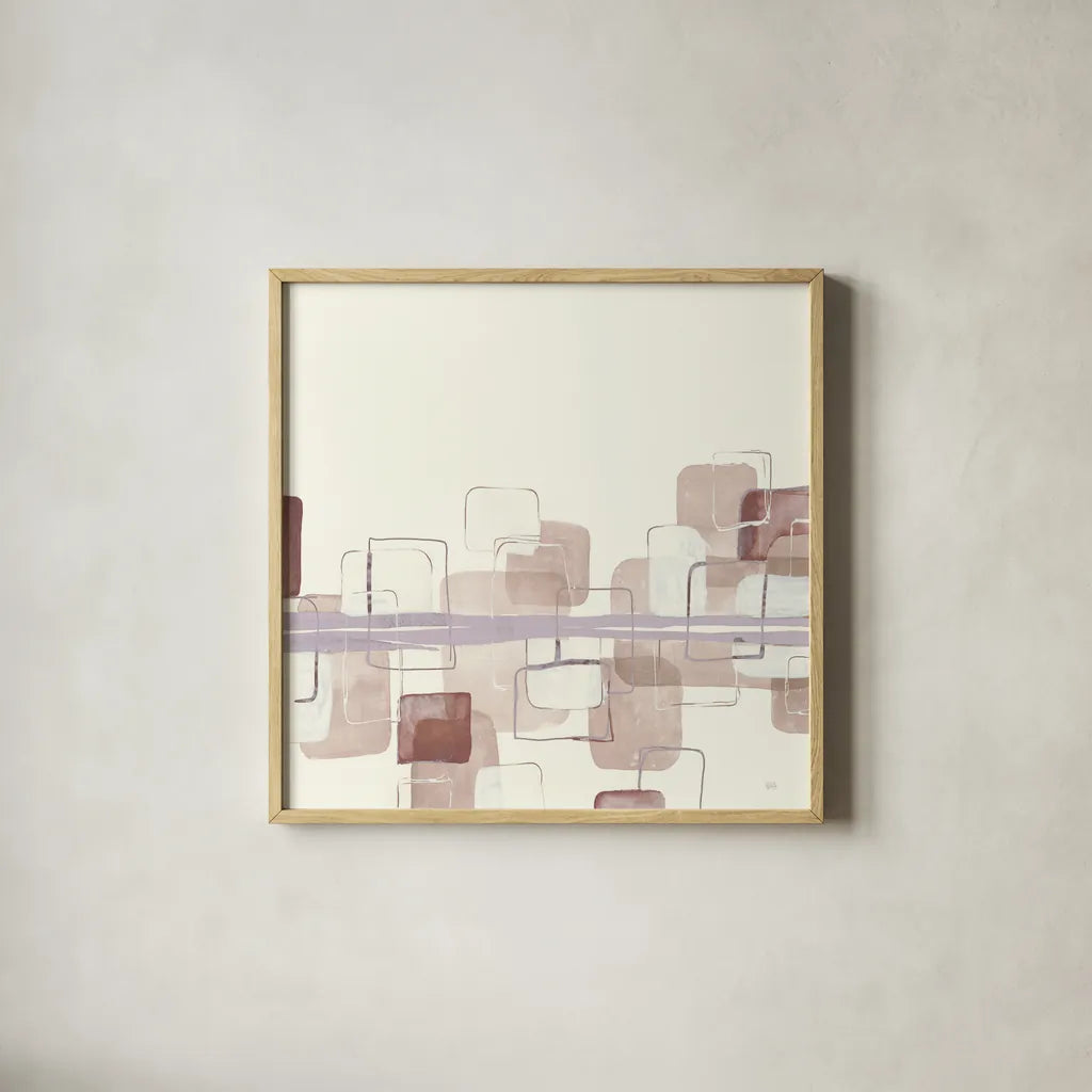 Placid Boxes II Blush by Chris Paschke. Shown in a natural wood glass frame for a timeless modern aesthetic. Available as an archival giclee rolled canvas, fine art paper, or poster print. SKU 42728a.