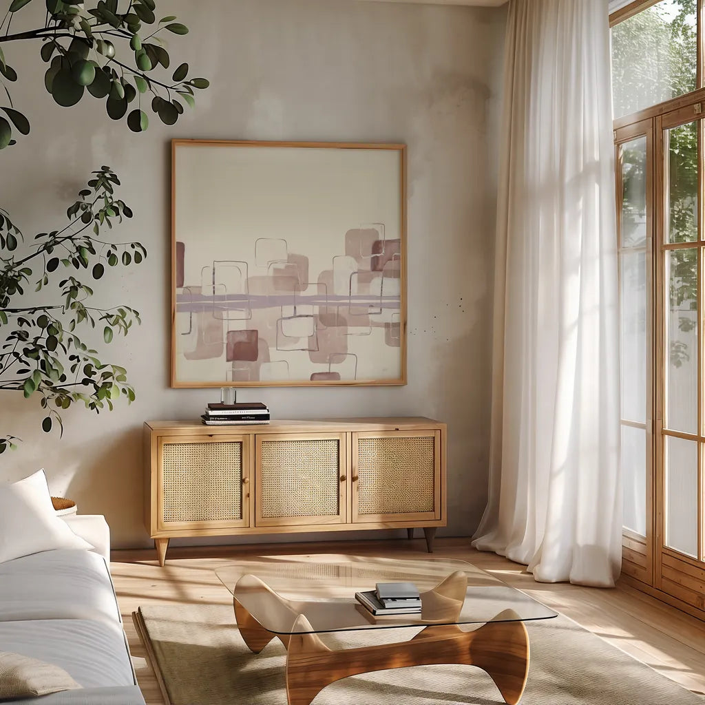 Placid Boxes II Blush by Chris Paschke. Shown in a natural wood frame in a cozy modern living room. Available as an archival giclee rolled canvas, fine art paper, or poster print. SKU 42728a.