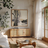 Placid I by Chris Paschke. Shown in a natural wood frame in a cozy modern living room. Available as an archival giclee rolled canvas, fine art paper, or poster print. SKU 32525a.