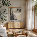 Placid III by Chris Paschke. Shown in a natural wood frame in a cozy modern living room. Available as an archival giclee rolled canvas, fine art paper, or poster print. SKU 32527a.