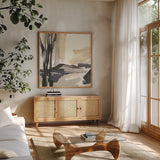 Placid IV by Chris Paschke. Shown in a natural wood frame in a cozy modern living room. Available as an archival giclee rolled canvas, fine art paper, or poster print. SKU 32528a.