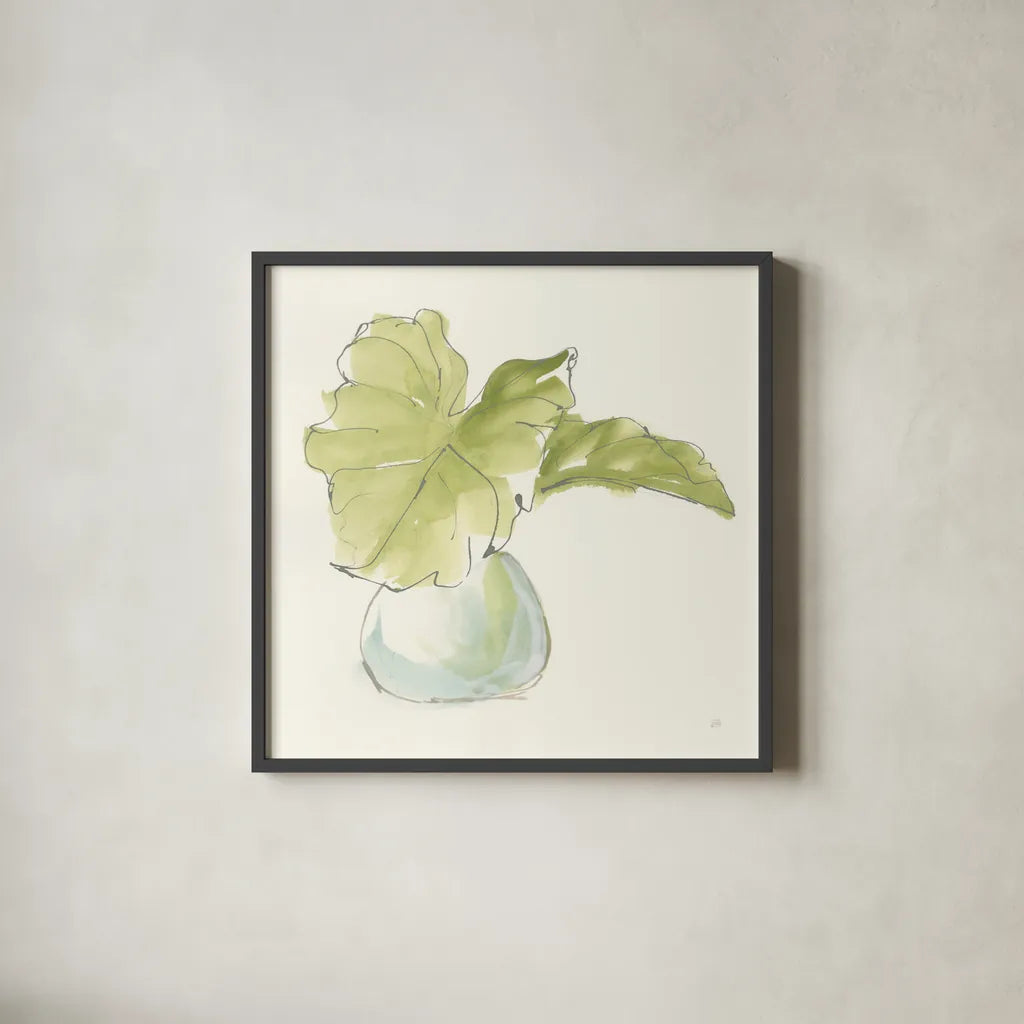 Plant Big Leaf I by Chris Paschke. Shown in a sleek black glass frame for a contemporary gallery look. Available as an archival giclee rolled canvas, fine art paper, or poster print. SKU 55026a.