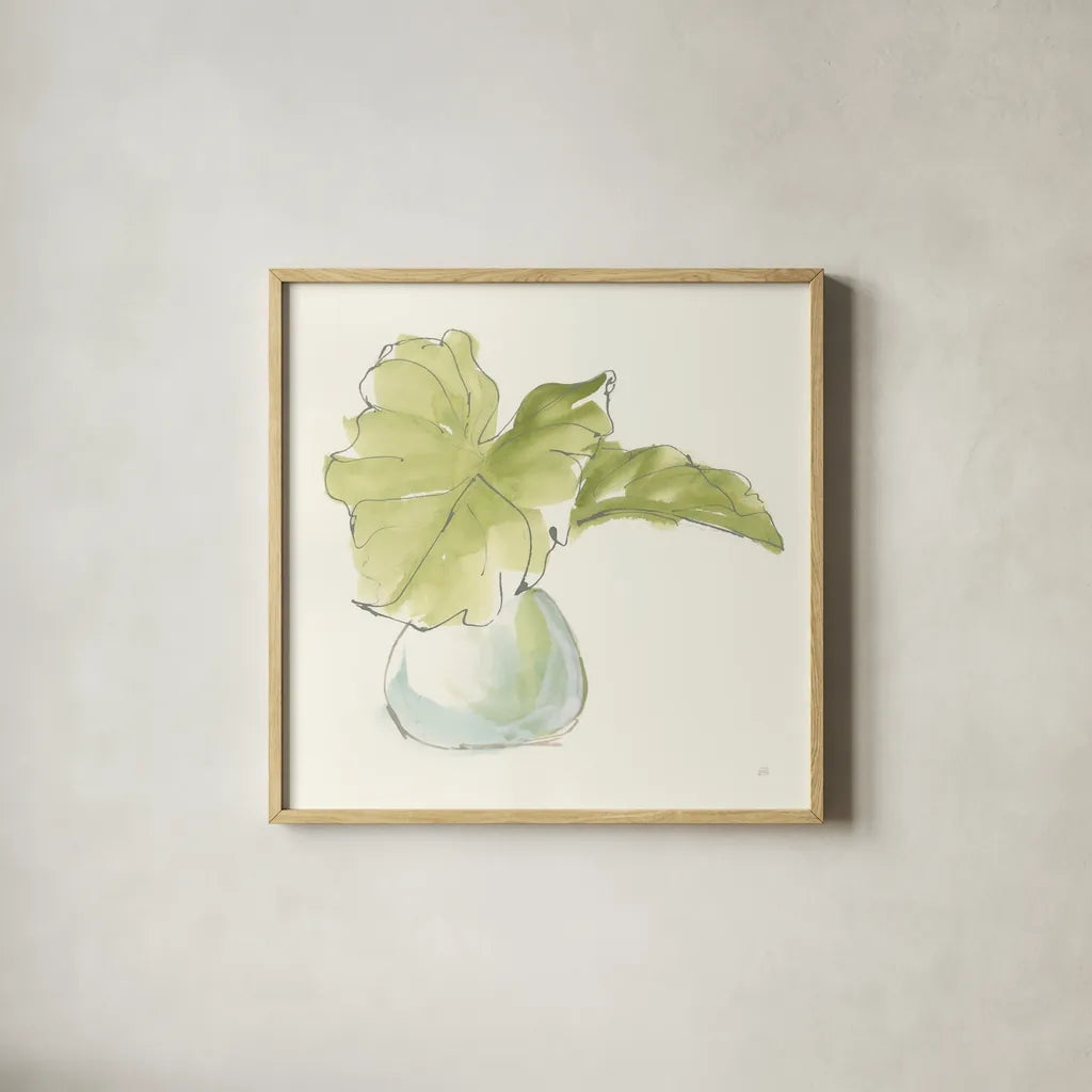 Plant Big Leaf I by Chris Paschke. Shown in a natural wood glass frame for a timeless modern aesthetic. Available as an archival giclee rolled canvas, fine art paper, or poster print. SKU 55026a.