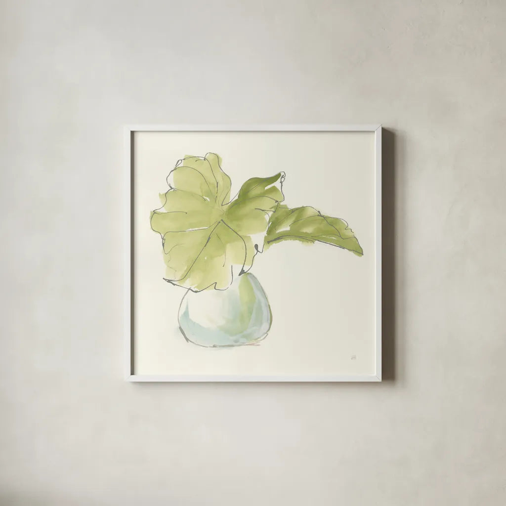 Plant Big Leaf I by Chris Paschke. Shown in a crisp white glass frame for a clean and minimalist style. Available as an archival giclee rolled canvas, fine art paper, or poster print. SKU 55026a.