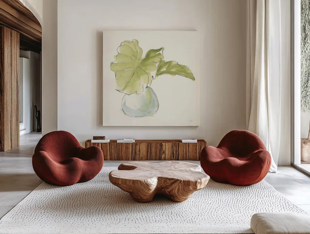 Plant Big Leaf I by Chris Paschke. Shown as extra-large giant wall art in a modern living room. Available as an archival giclee rolled canvas, fine art paper, or poster print. SKU 55026a.